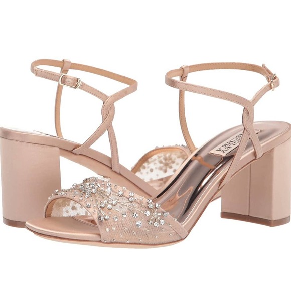 NEW Badgley Mischka Blaine Latte Embellished Crystals and beading Block Heel 6 - Picture 5 of 13